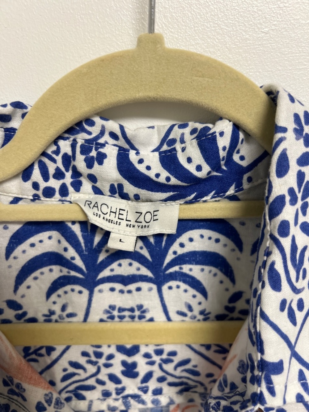 Rachel Zoe White Short Sleeve Linen Button-Up Shirt Blue & Orange Print Large - Picture 2 of 6